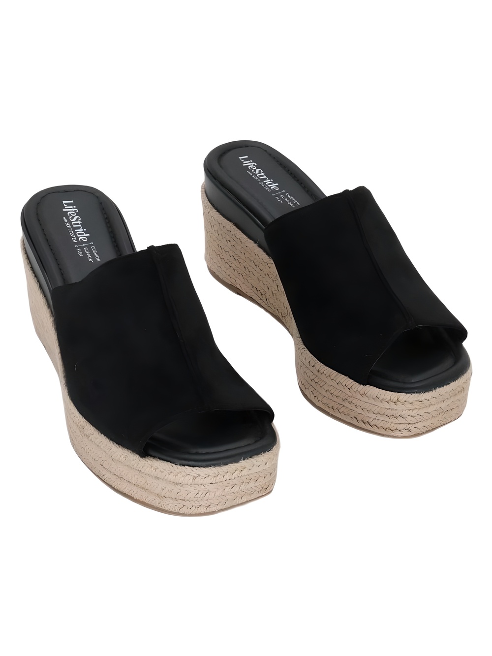 LifeStride Haute Black Fabric Espadrille Wedge Slide Sandals Size 8.5M